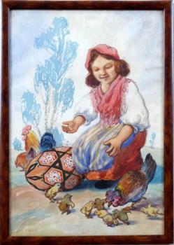 T. Kroj - Girl in costume with small chickens T. Kroj - Girl in costume with small chickens