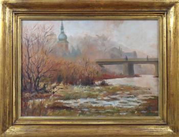 Bridge with figures, drying river and church tower Bridge with figures, drying river and church tower