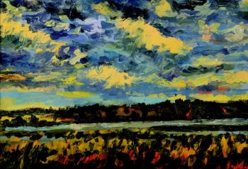 A landcape around a pond with yellow reed A landcape around a pond with yellow reed