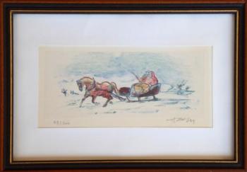 Winter motif with sleigh - illegible signature Winter motif with sleigh - illegible signature